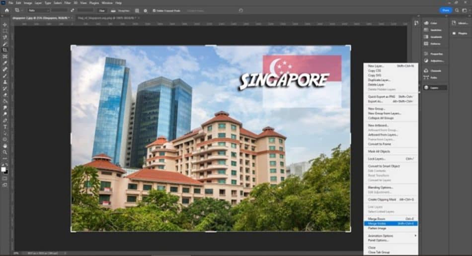 Click the layers toolbar menu and select merge visible or flatten image