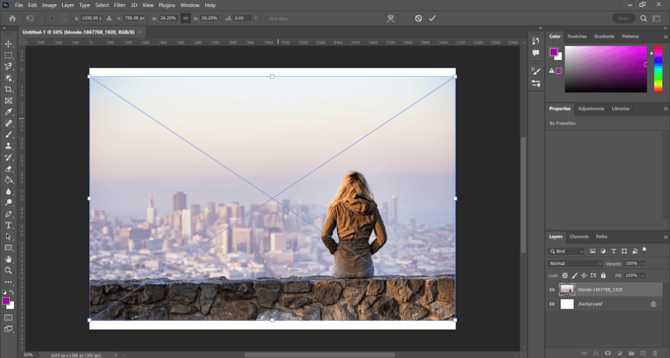 Photoshop embedding image of blonde woman and city