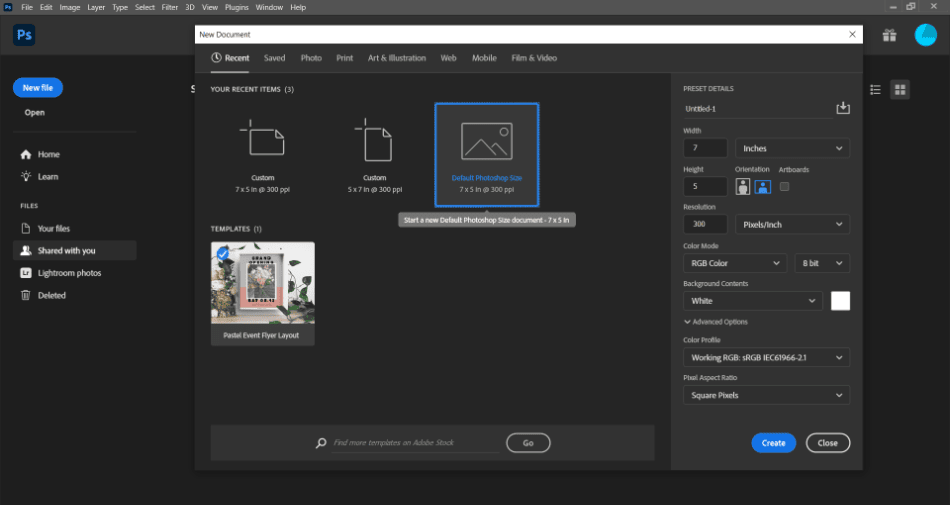 Photoshop new file