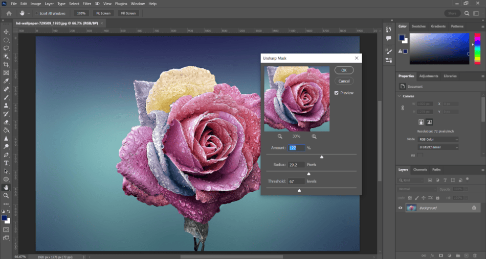 Photoshop rose unmask filter settings