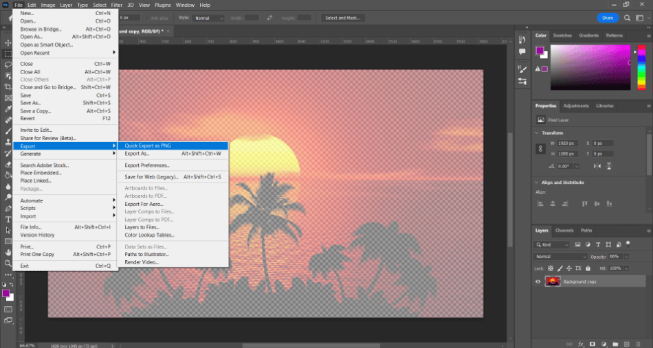 Photoshop transparent layer beach saving PNG