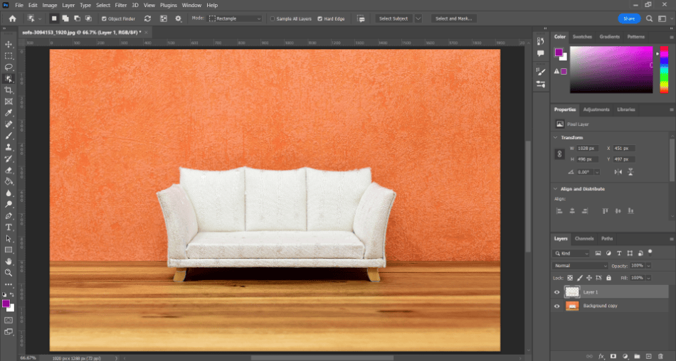 Photoshop transparent selection sofa selected new layer
