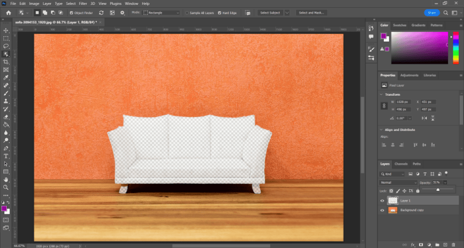 Photoshop transparent selection sofa selected new layer opacity