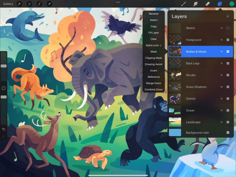 Procreate layers panel over nature art