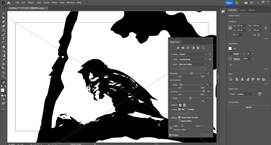 Illustrator bird image traced for black and white with lower paths