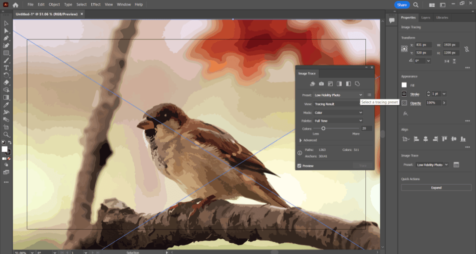 Illustrator bird image traced for low fidelity