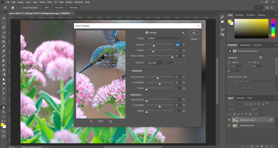 Photoshop bird flowers smart sharpen options 1