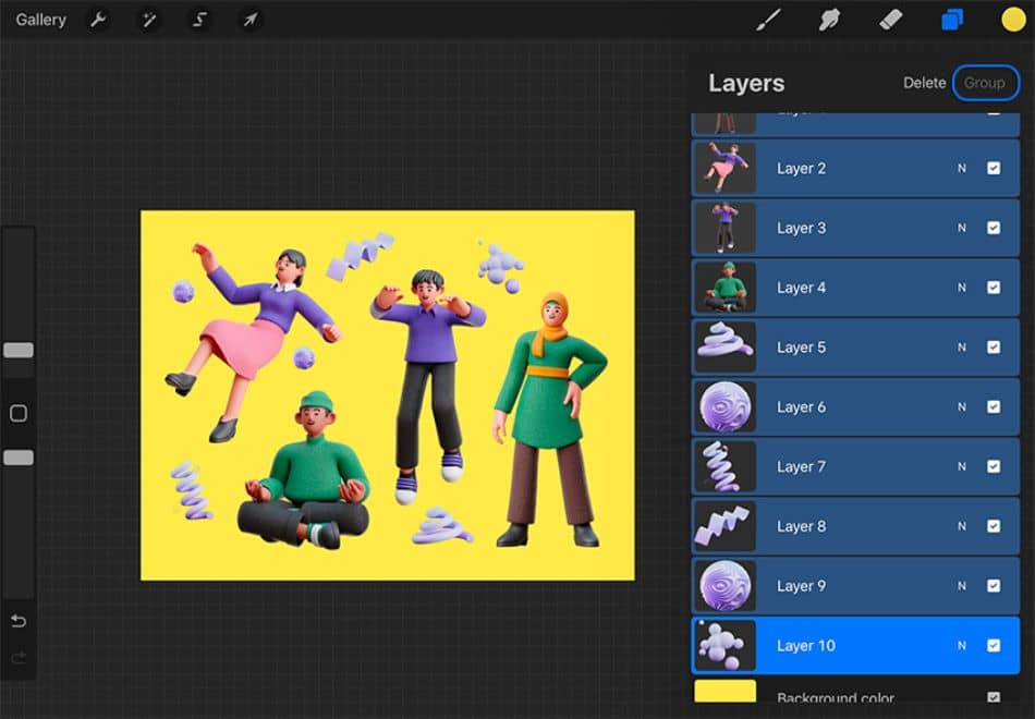 This is what your layers should look like when selected and where you can find the group button 6